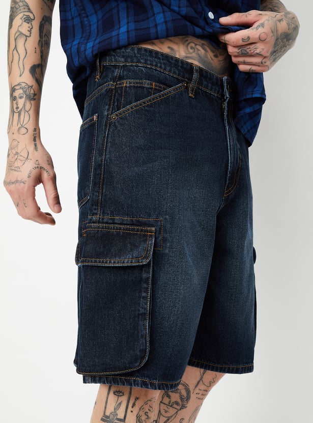 Men Washed Cargo Denim Shorts