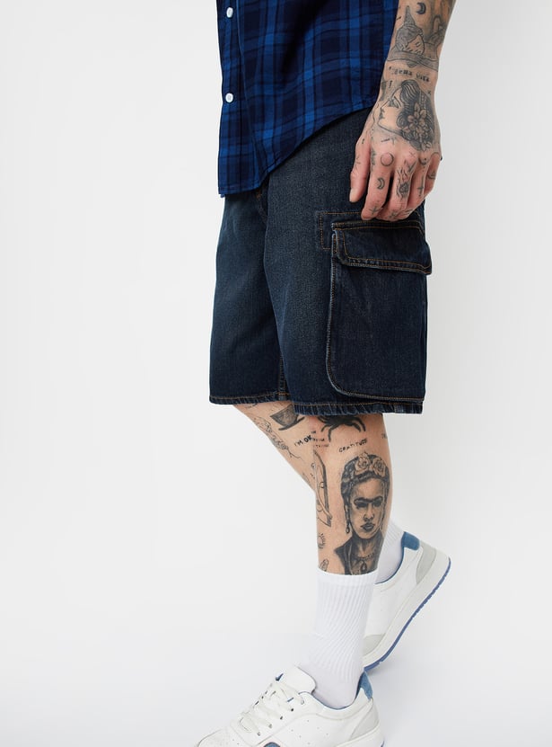 Men Washed Cargo Denim Shorts