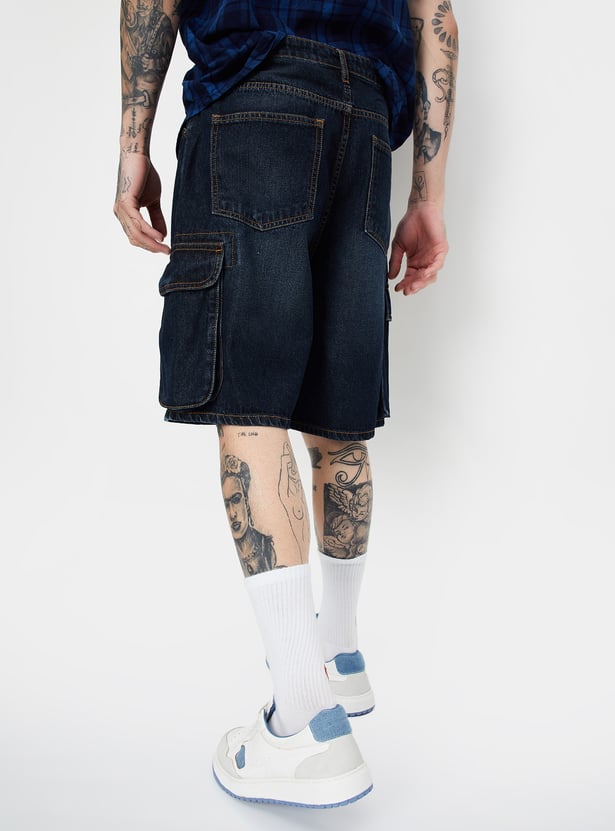 Men Washed Cargo Denim Shorts