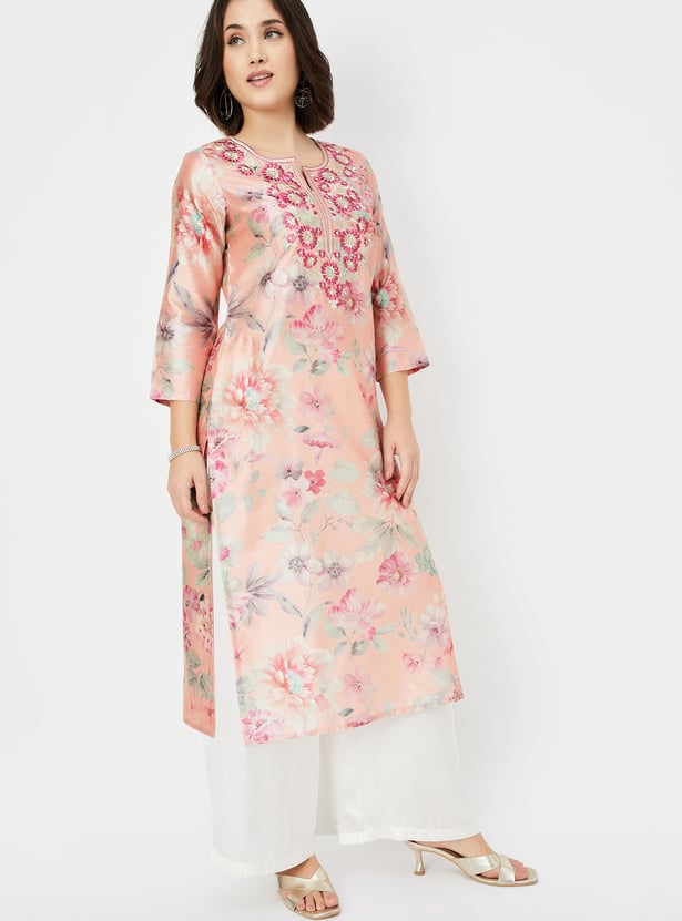Women's Viscose Floral Embroidered Straight Kurta Set With Pant
