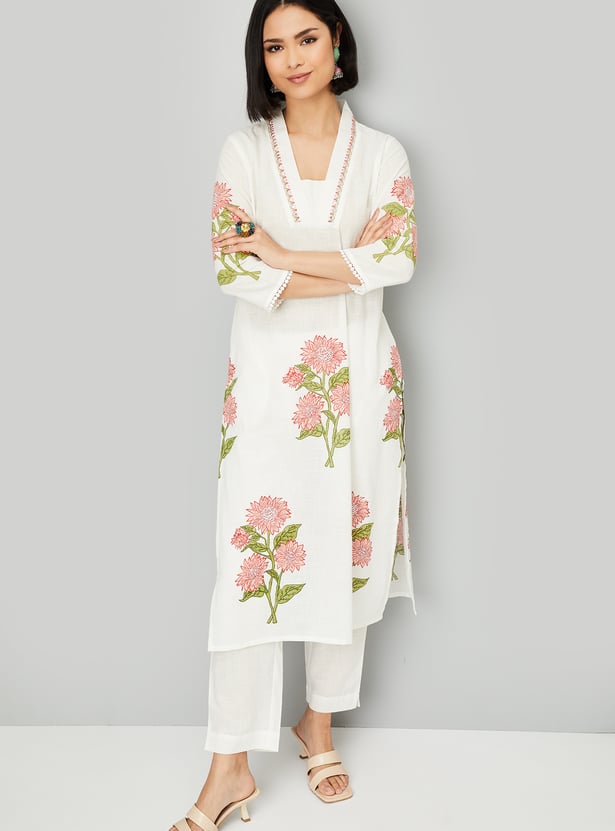 Women Off-White Printed Straight Kurta Set main image 1