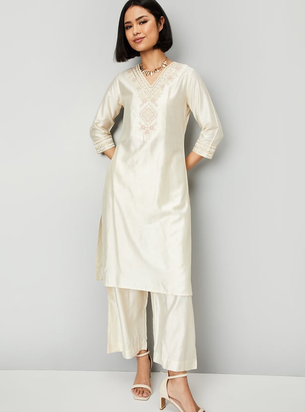 Grey Embroidered Straight Kurta Trousers Set