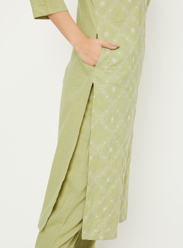 Women Green Printed Straight Kurta Trousers Set