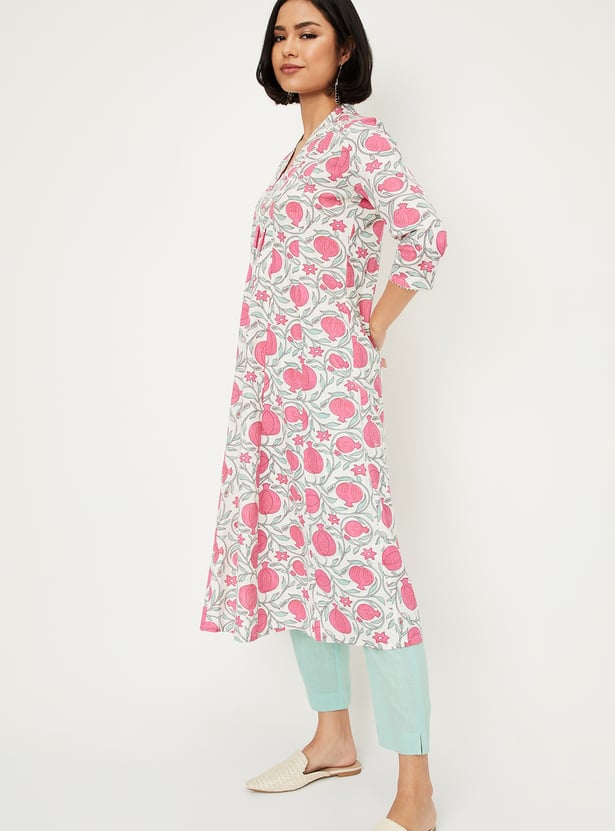 Women Charcoal Grey & Beige Printed A-Line Kurta