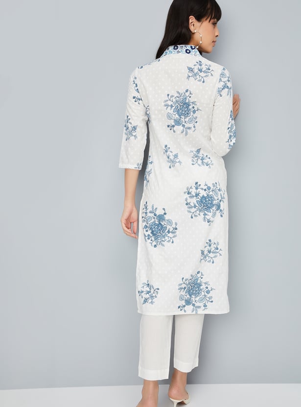 Indibelle Cotton Floral Print Lace Detail Straight Kurta set