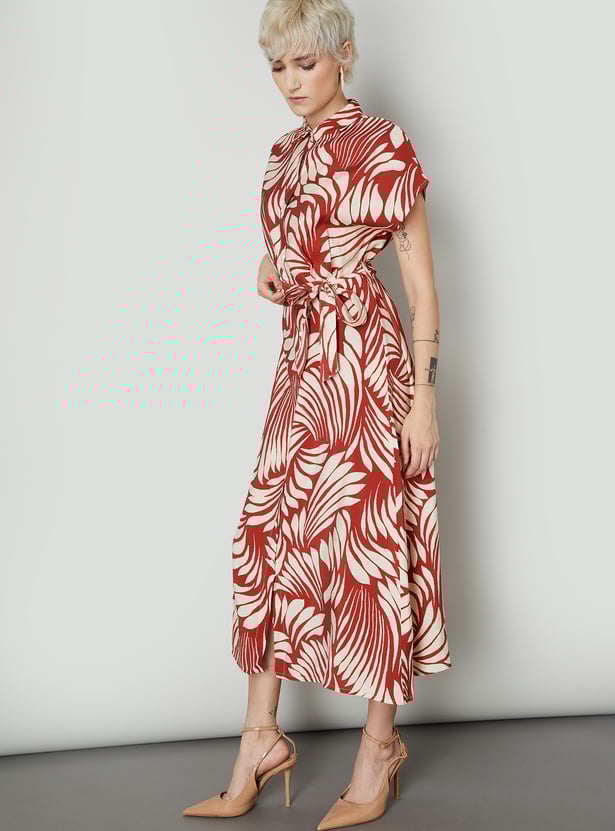 Women Printed Shirt Style Dress with Belt