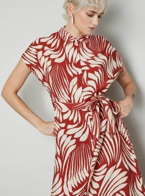 Women Printed Shirt Style Dress with Belt