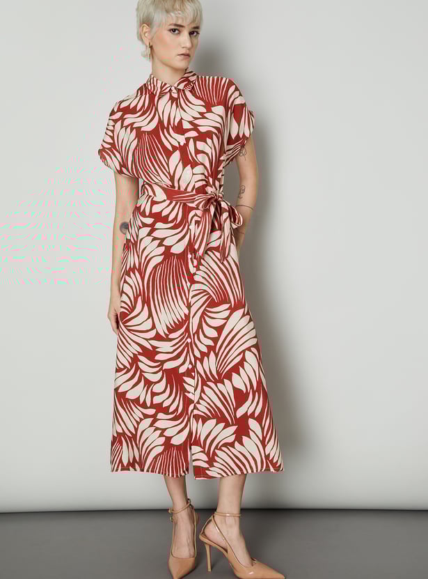 Women Printed Shirt Style Dress with Belt