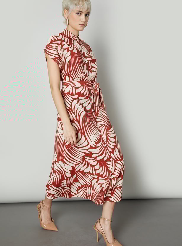 Women Printed Shirt Style Dress with Belt