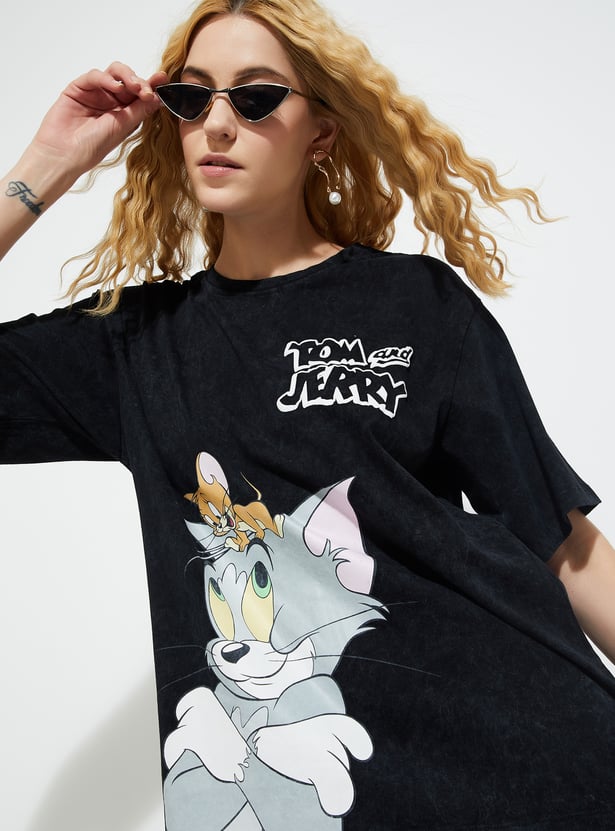 URB_N Women Tom & Jerry Print Oversized T-shirt