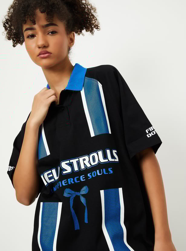 Women Striped Oversized Sports Polo T-shirt