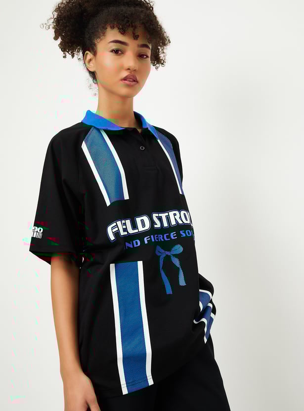 Women Striped Oversized Sports Polo T-shirt