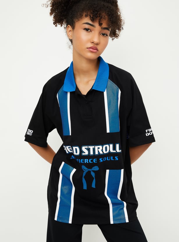 Women Striped Oversized Sports Polo T-shirt