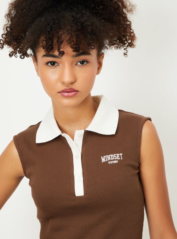 Women Contrast Polo Collar T-shirt