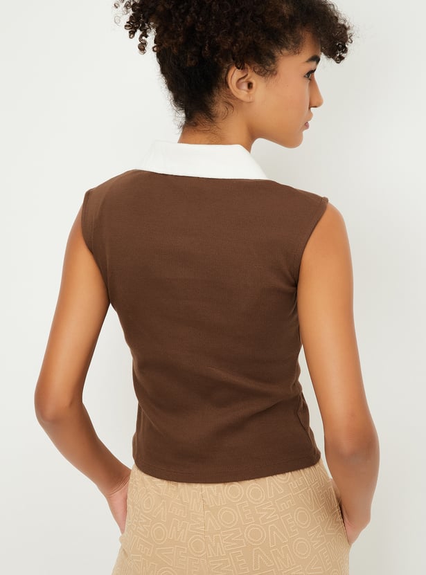 Women Contrast Polo Collar T-shirt