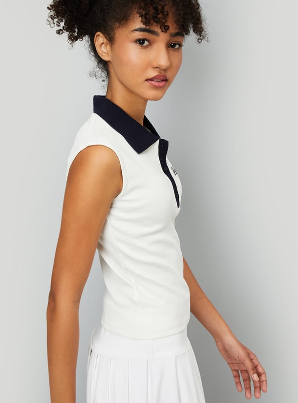 Women Contrast Polo Collar T-shirt