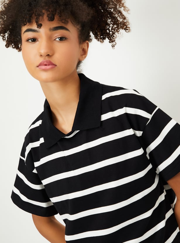 Women Striped Boxy Fit Crop Polo T-shirt