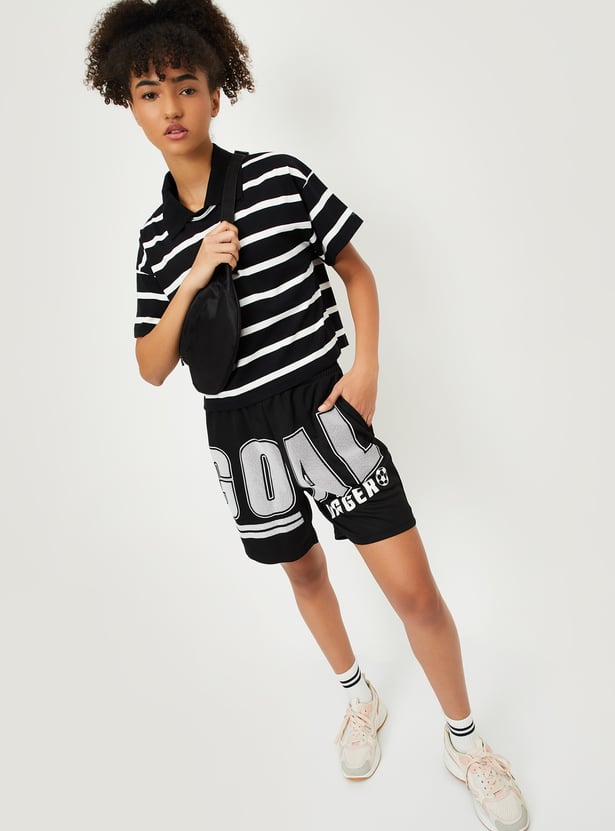 Women Striped Boxy Fit Crop Polo T-shirt