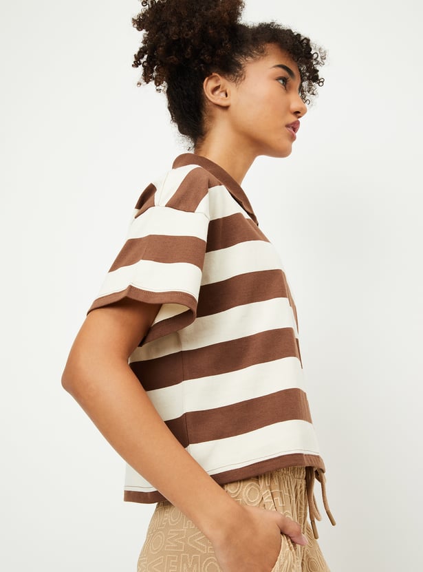 Women Striped Boxy Fit Crop Polo T-shirt