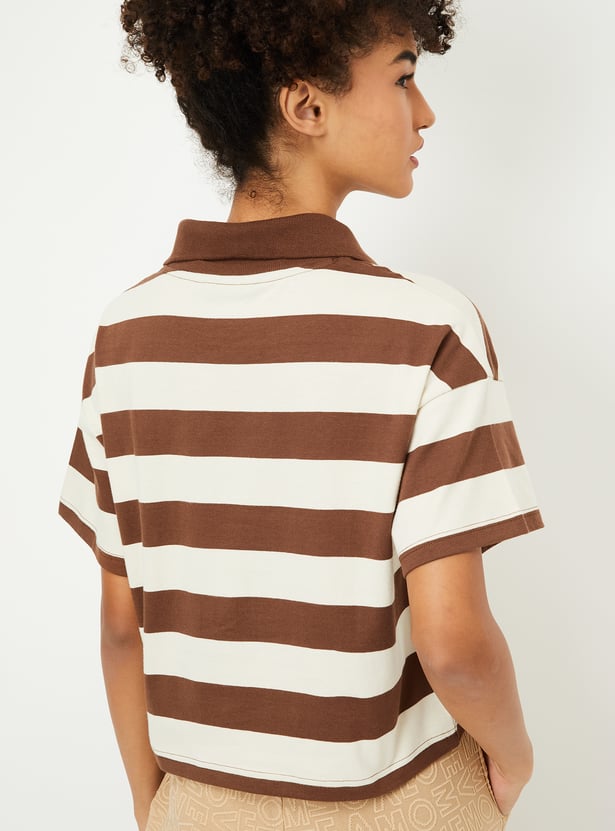 Women Striped Boxy Fit Crop Polo T-shirt