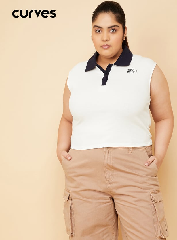 Women Contrast Polo Collar T-shirt