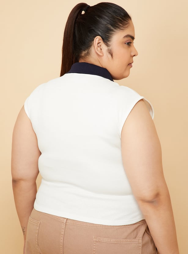 Women Contrast Polo Collar T-shirt