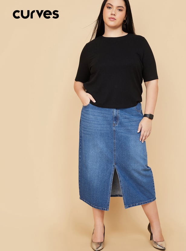ALAYA F x URB_N Whiskered Denim Midi Skirt