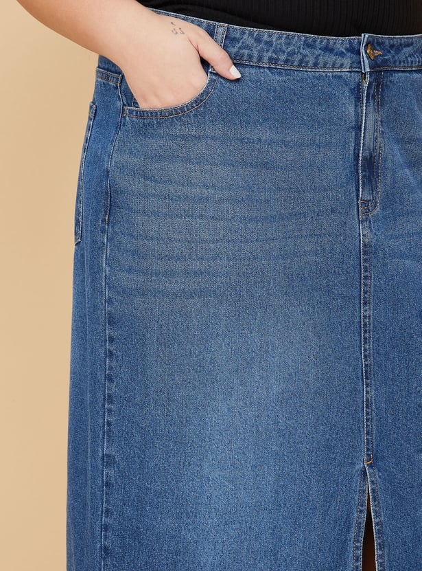 ALAYA F x URB_N Whiskered Denim Midi Skirt