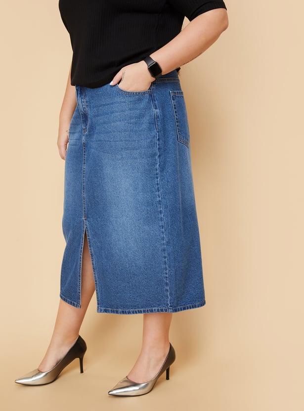 ALAYA F x URB_N Whiskered Denim Midi Skirt
