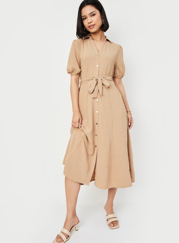Women Textured Belted Midi Dress