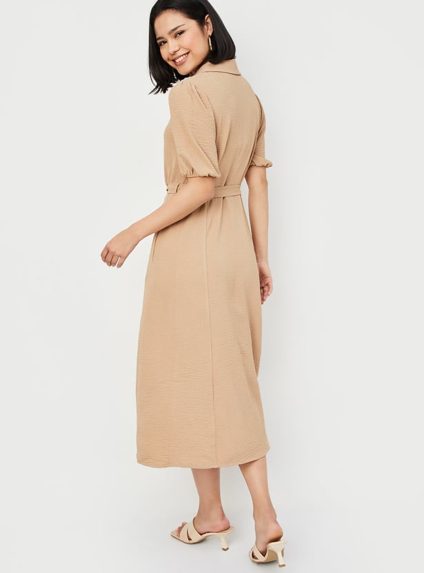 Women Textured Belted Midi Dress