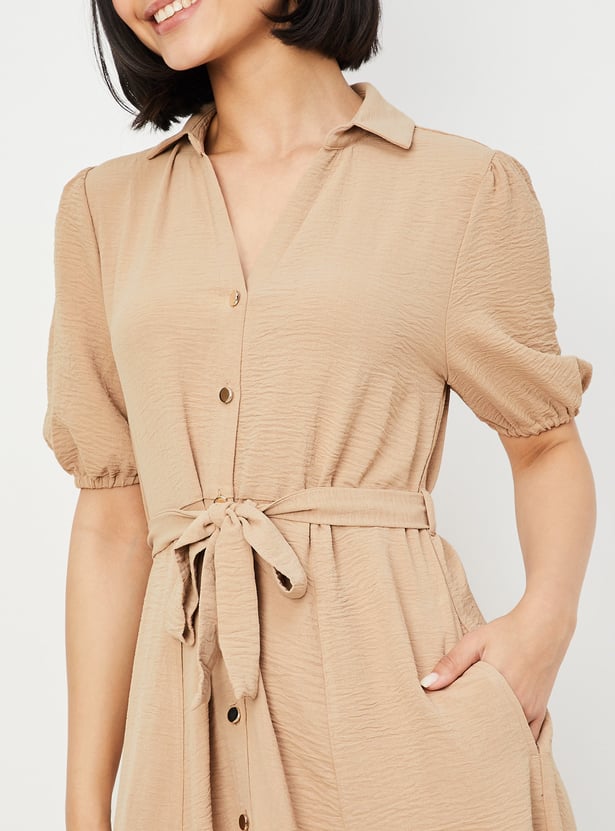 Women Textured Belted Midi Dress