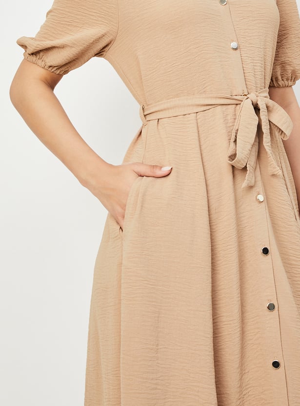 Women Textured Belted Midi Dress