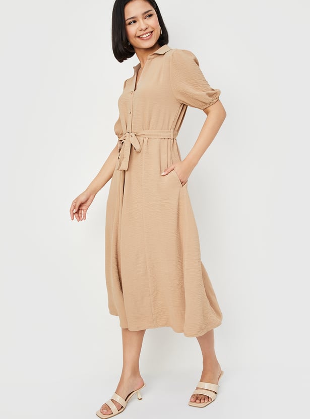 Women Textured Belted Midi Dress