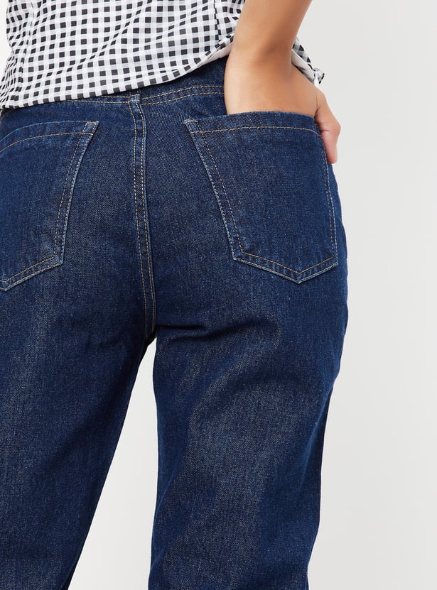 Women Washed High Rise Mom Fit Jeans