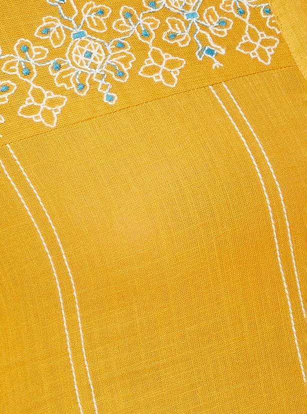 Svarchi Women's Cotton Slub Embroidered Straight Kurta (Yellow)