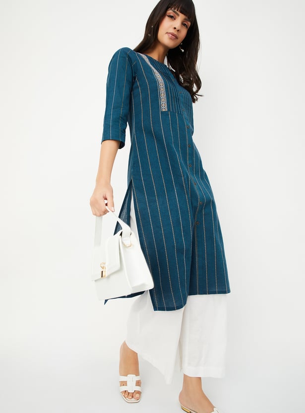 Women Blue Embroidered Detail Straight Kurta