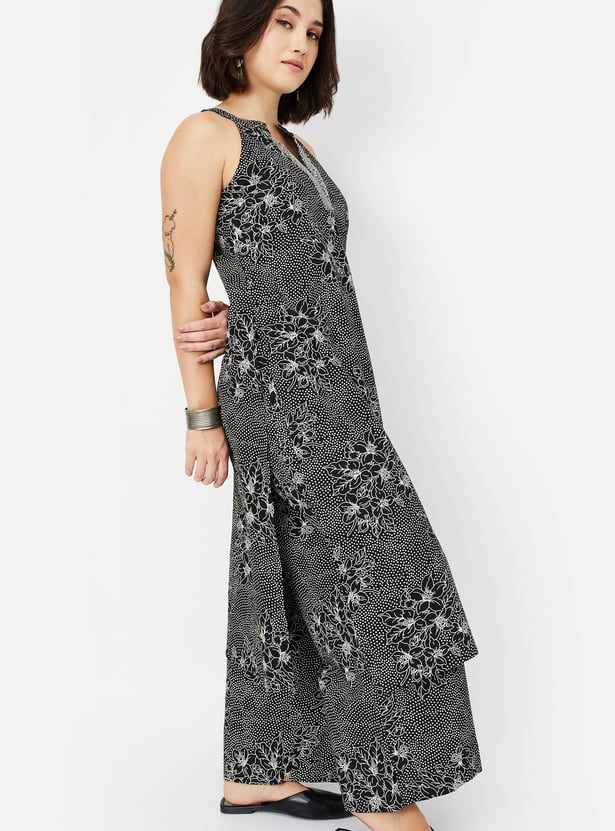 Women Black & Cream Printed Straight Kurta