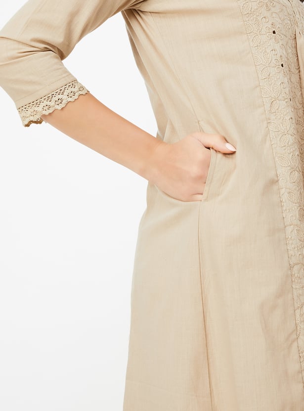 Women's Beige Floral Embroidered Sequinned A-Line Kurta