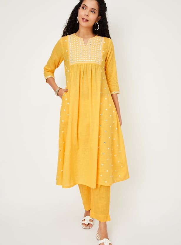Women Rust Embroidered A-Line Kurta Trousers Set