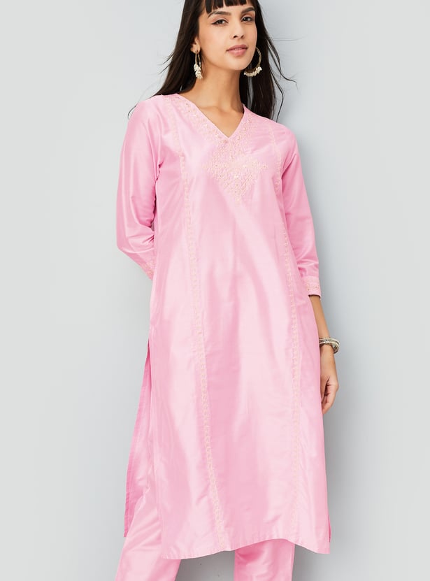Women Embroidered Straight Kurta Set