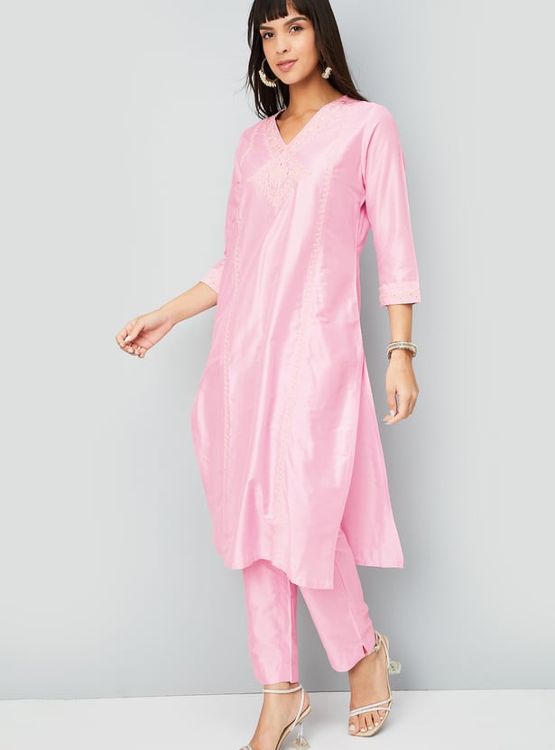 Women Embroidered Straight Kurta Set