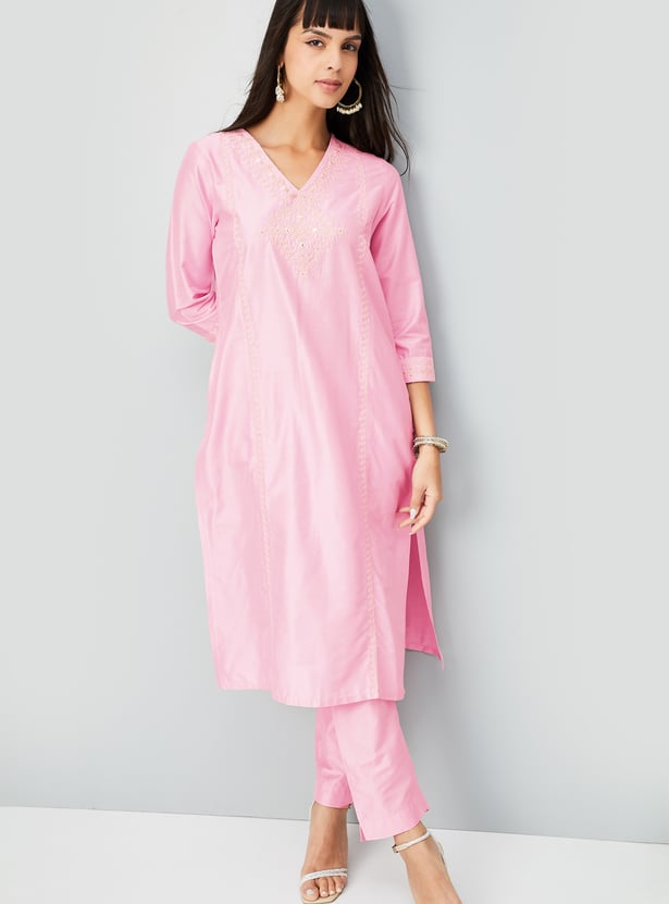 Women Embroidered Straight Kurta Set