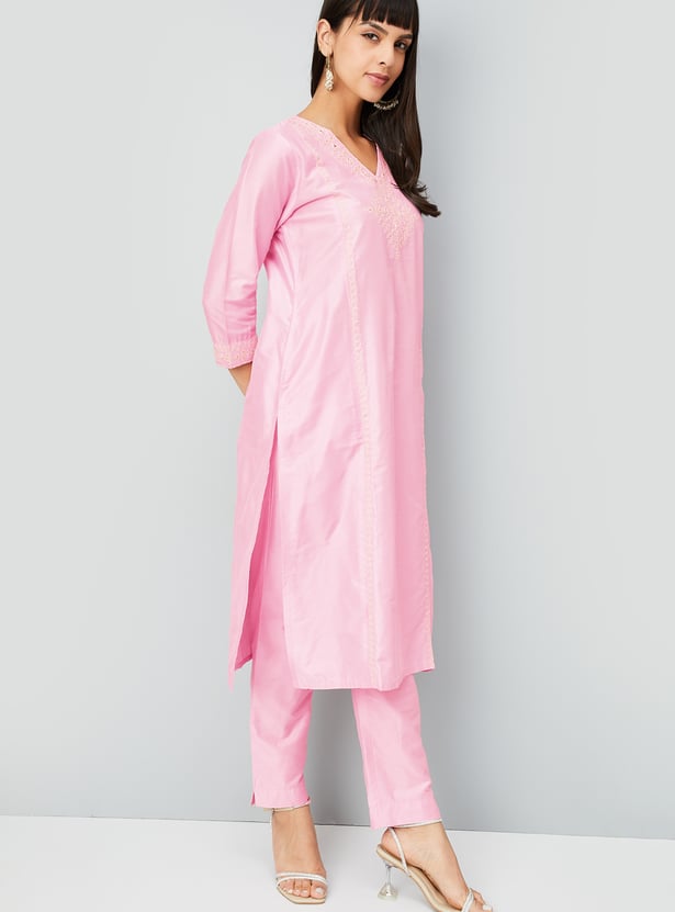 Women Embroidered Straight Kurta Set