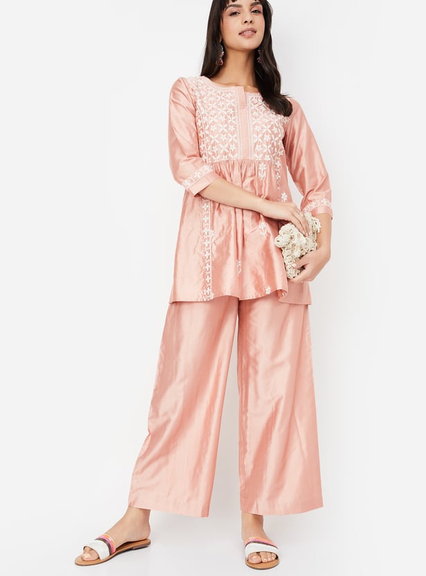 Women Embroidered A-line Kurti Set