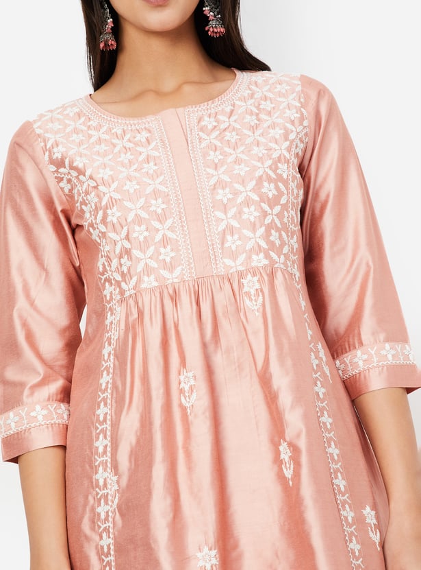 Women Embroidered A-line Kurti Set