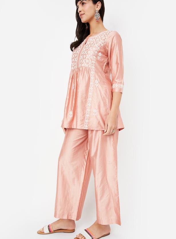 Women Embroidered A-line Kurti Set