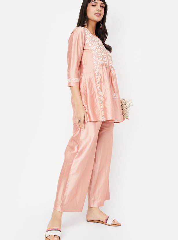 Women Embroidered A-line Kurti Set