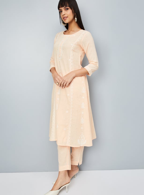 Women  Pink Embroidered Straight Kurta Trousers Set