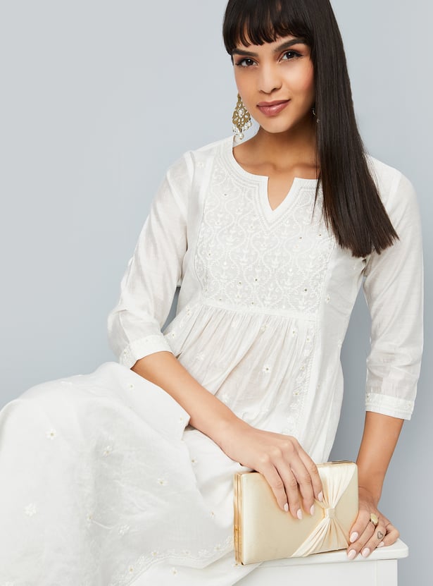 Women  Olive Embroidered A-Line Kurta Palazzos Set